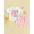 thumbnail image 3 of Musuos Toddler Girl Summer Outfit 6 12 18 24M 3T Letter Print Crew Neck Short Sleeve T-Shirts Tops and Shorts 2Pcs Clothes Set, 3 of 10