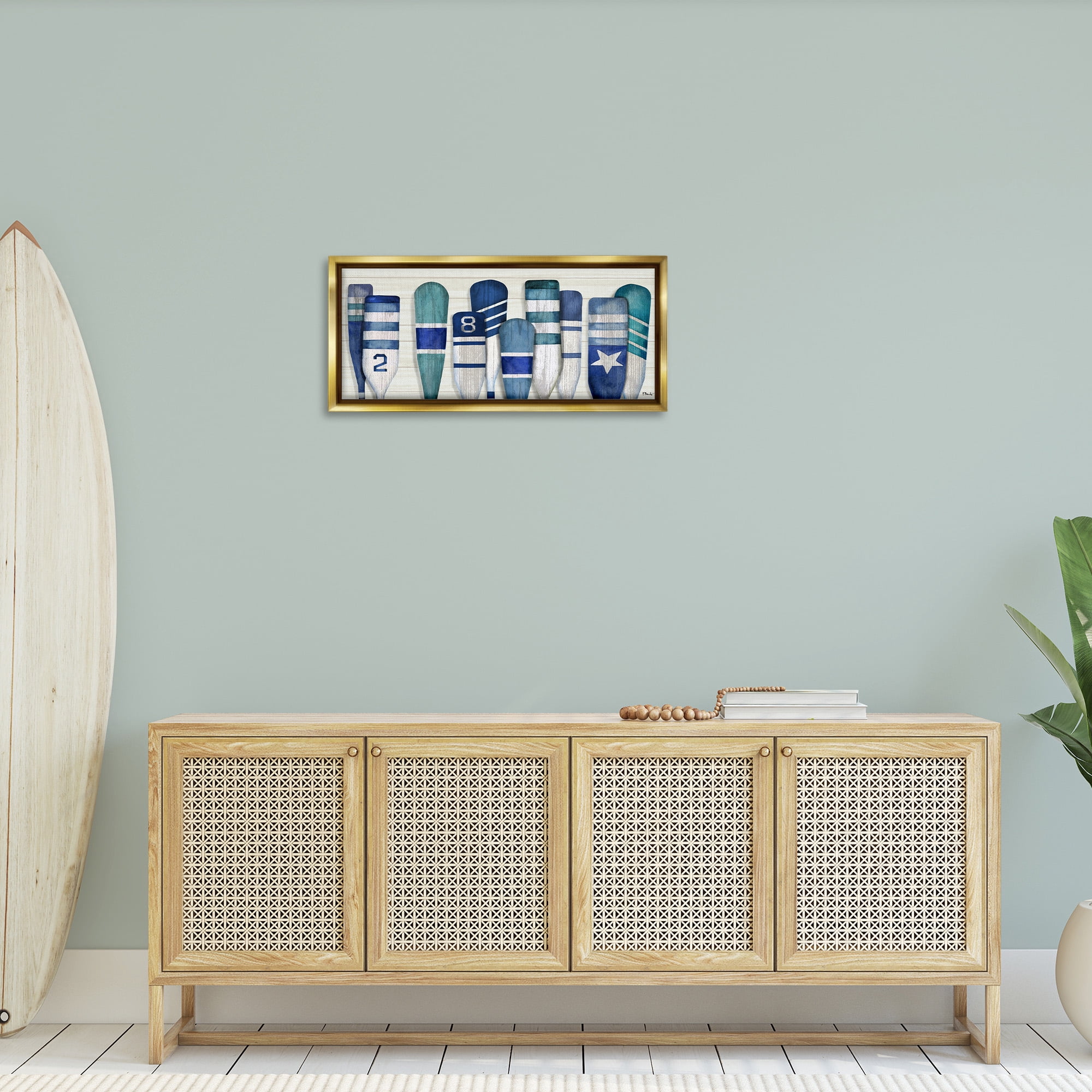 Stupell Industries Port Oars Nautical Blue Patterns Nature Painting Gold Floater Framed Canvas Art Print Wall Art, 31 x 14