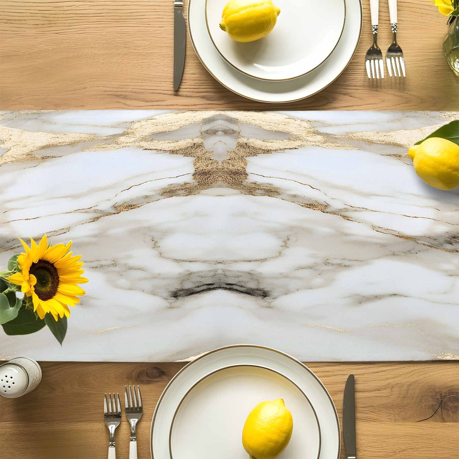 Abstract Natural Art Marble Pattern Table Runner 90 Inches Long, Stone Texture Gpld Stripe Table Runners Tabletop Scarf Kitchen Dining Tables Decoration for Home Party Indoor Outdoor