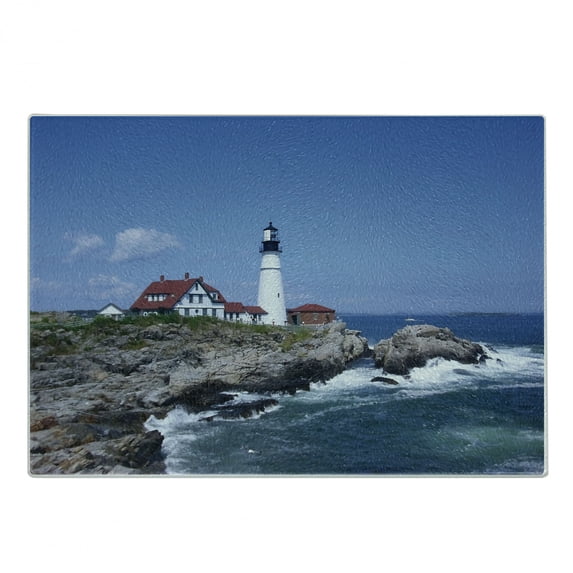 Landscape Cutting Board, Marine Themed Photo with Lighthouse on Rocks and Wavy Sea Calm Sky Panorama, Decorative Tempered Glass Cutting and Serving Board, in 3 Sizes, by Ambesonne