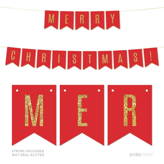 Merry Christmas! Gold Glitter Holiday Hanging Pennant Party Banner