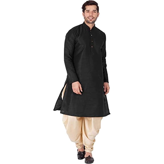 Royal Kurta Men's Silk Blend Straight Kurta Salwar Set (44, BLACK-GOLD)