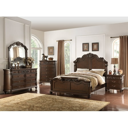 Bedroom Furniture Traditional Formal Queen Size Bed Dresser Mirror Nightstand 4pcs Set Dark Brown