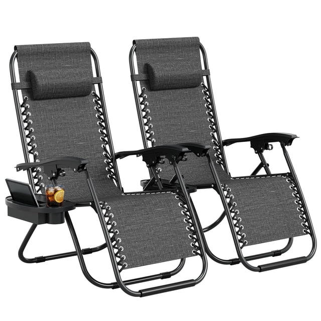 Set de 2 sillas reclinables Zero Gravedad para exterior – Plegables y portátiles, con cojín y bandeja para bebidas – Para patio, jardín, terraza o camping – Gray Tes (una caja, dos piezas)