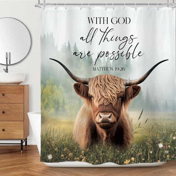 Cortina de ducha con versículo bíblico de Highland Cow, estilo granja, toro occidental, bosque brumoso, palabras inspiradoras, flores silvestres, citas cristianas, 60 x 72 pulgadas, accesorios de