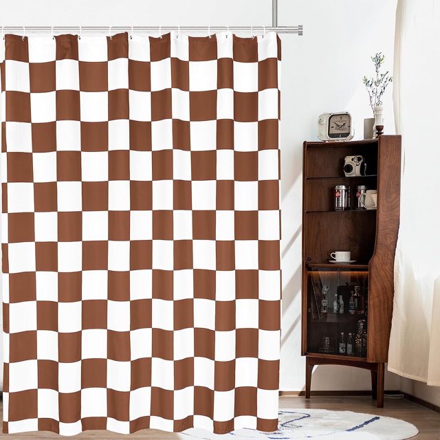 Aesthetic Checkerboard Grid Pattern Shower Curtain, White Coffee Brown Modern Shower Curtain Sets Decoration 71x71 Inch with plastic hooks