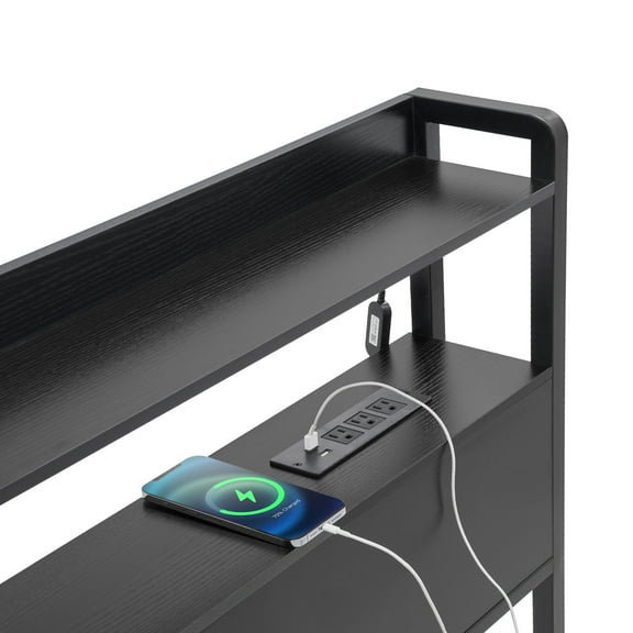 KFFKFF Queen Bed Headboard, Height-Adjustable with Dual Shelf Storage, Independent Head Board Incorporating Charging Facility and LED Illumination for Various Bed Structures, Simple Setup, Dark Hue