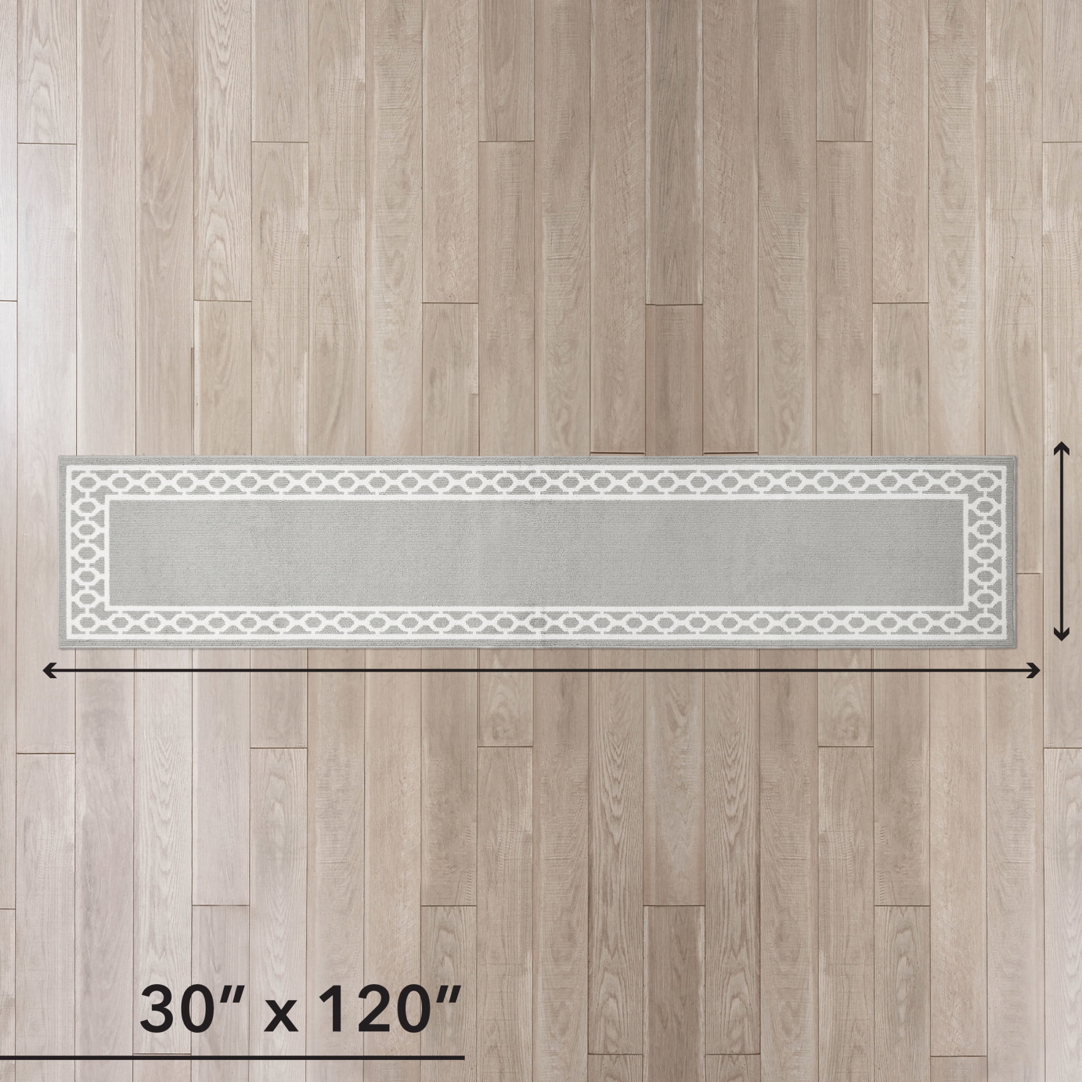 Washable Skid-Resistant Runner Rug, Trellis Border , Light Grey and White , 30 " x 120"