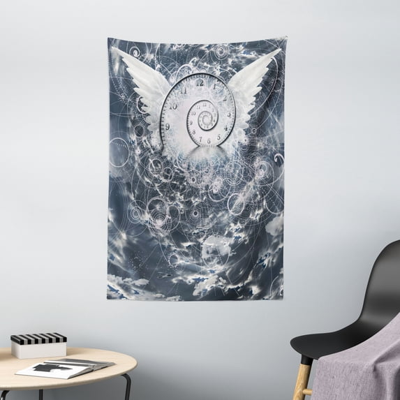 Psychedelic Tapestry, Surreal Paint with Wings and Time Spiral in Cloud with Circles Sacred Geometry Image, Wall Hanging for Bedroom Living Room Dorm Decor, 40W X 60L Inches, Grey, by Ambesonne