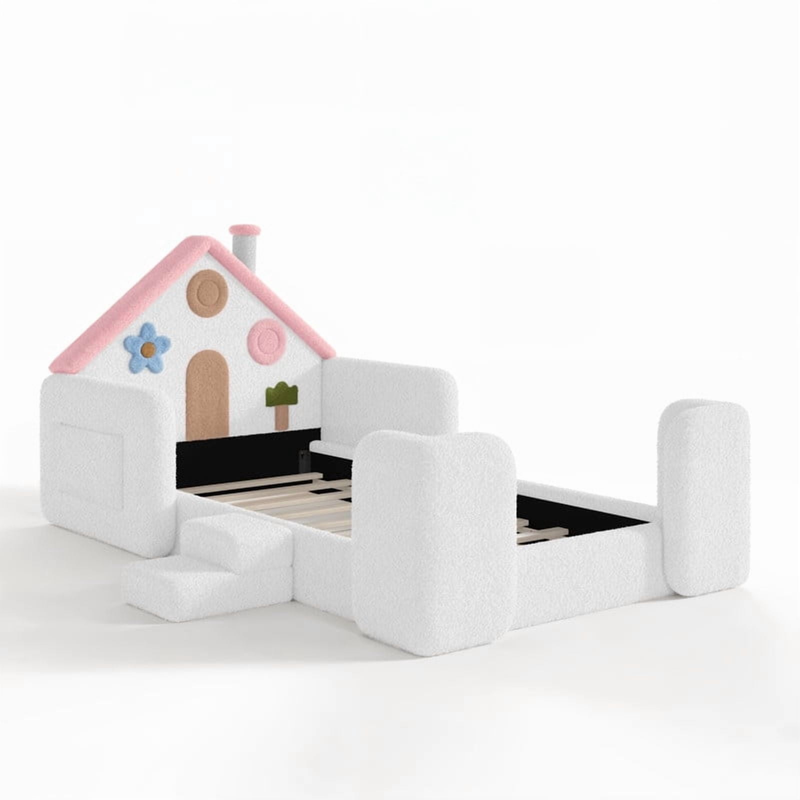Twin Size Kids Floor Bed with House Shaped Headboard, Upholstered Teddy Fabric Child Storage Platform Bed Frame with Pocket