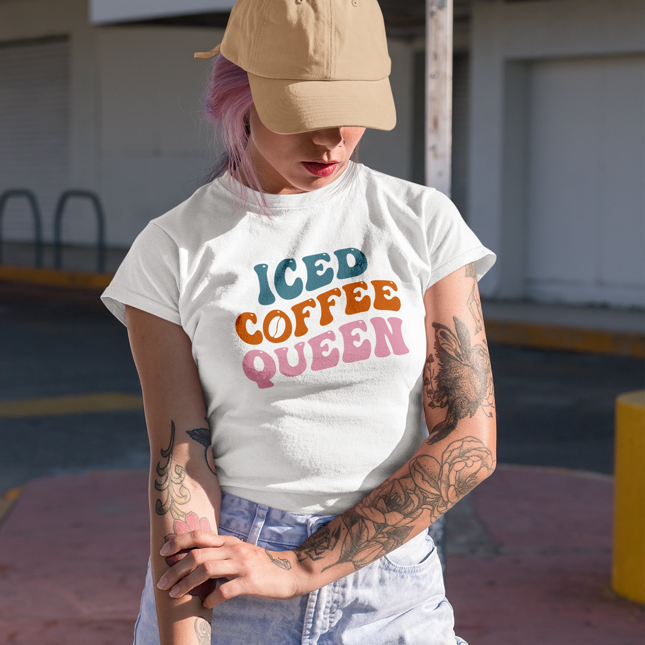 Iced Coffee Queen, Groovy Retro Wavy Text Merch Gift, Tan T Iced Coffee Queen, Groovy Retro Wavy Text Merch Gift, Tan T
