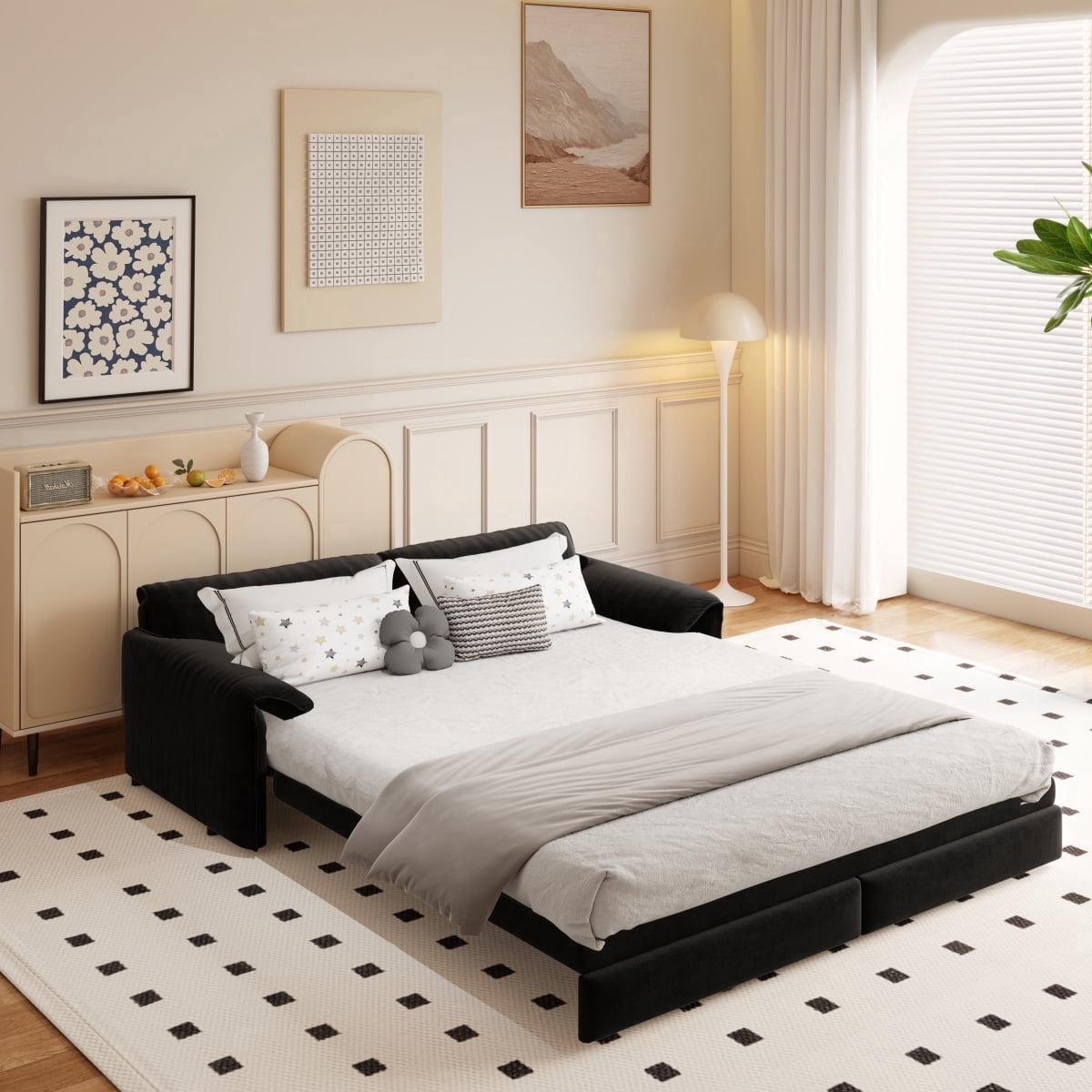 66" Queen Pull Out Sofa Bed, 3-in-1 Convertible Sleeper Loveseat with Side Storage, Soft Velvet Multi-Functional Sofa Bed for Living Room, Bedroom, Apartment, Office