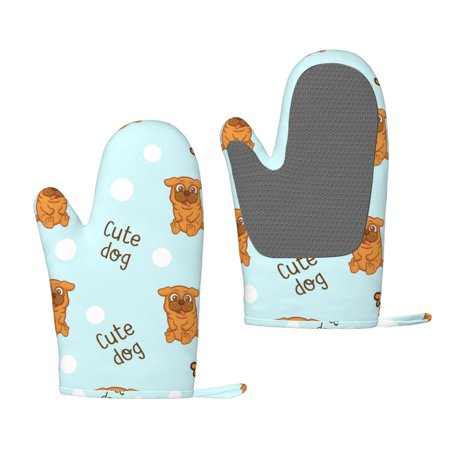 ZNDUO Kitchen Oven Gloves, Durable Heat Resistant Oven Gloves with Quilted Liner Non-Slip Textured Grip Perfect for BBQ, Baking, Cooking and Grilling, Cute Cartoon Pet Dog Blue