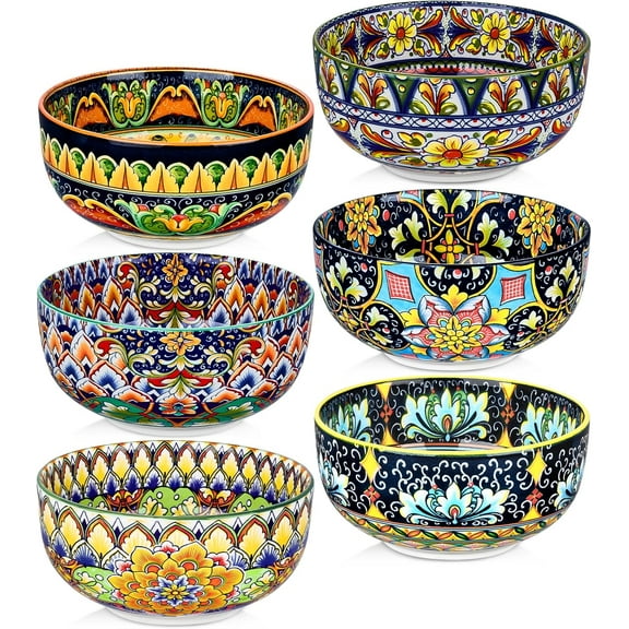 Ceramic Cereal Bowls Set of 6, 28 oz Bohemian Soup Bowl, Colorful Bowls Set for Kitchen, Dessert Bowls for Salad, Pasta, Oatmeal, Ramen, Oatmeal, Fruit, Dishwasher & Microwave Safe