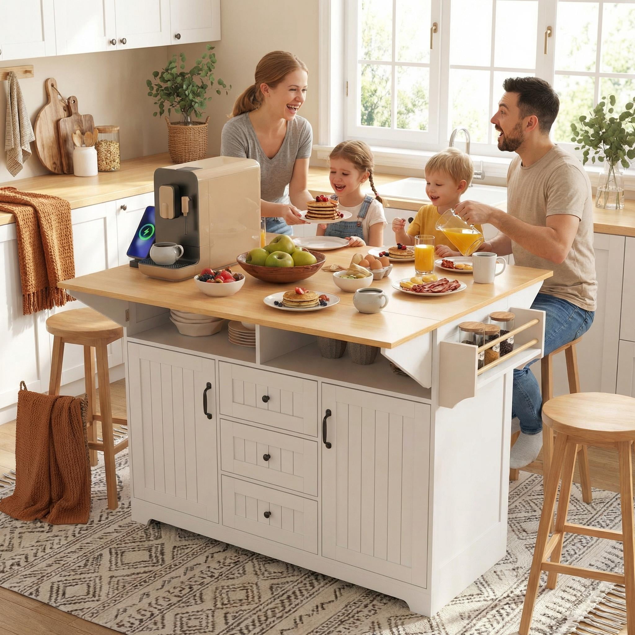 Homy Casa 55.7" Folding Kitchen Island with Power Outlet, Dual Drop Leaves and Storage Drawers