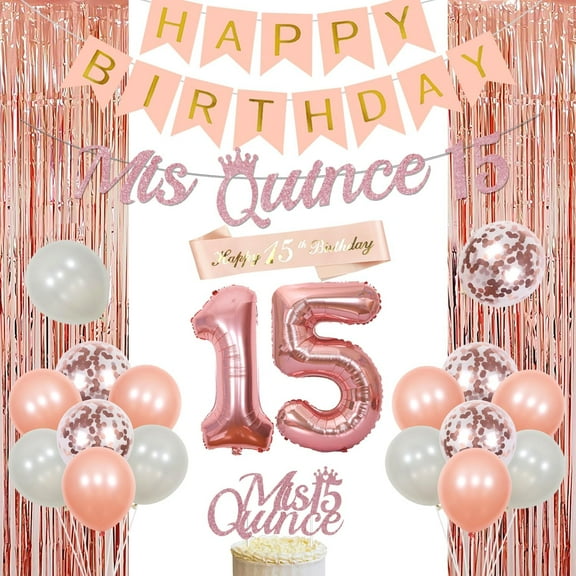 Miss 15 Quince Birthday Party Decoration Rose Gold Glitter Miss 15 Quince Quinceanera Banner Foil Rain Curtain Miss 15 Quince Cake Topper Latex Balloons for Girls 15th Birthday Party Supplies