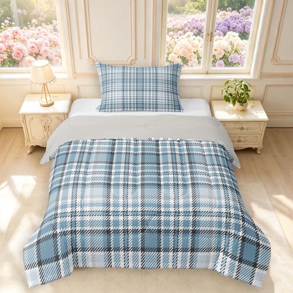 Manfei Classic Plaid Twin Comforter Sets,Vintage Check Bedding Set,Gray White,Light Gray Reversible,2-Piece,1 Comforter and 1 Pillowcase,2-Piece,1 Comforter and 1 Pillowcase