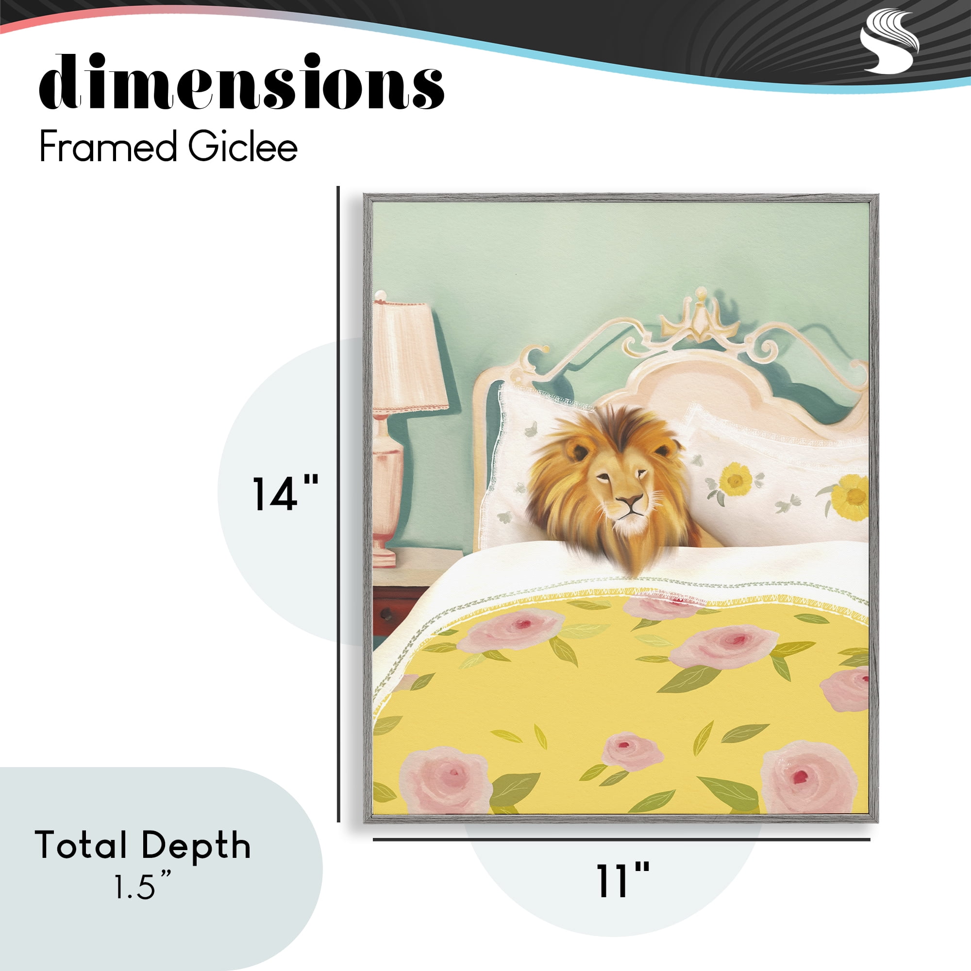 Good Morning Lion in Bed Gray Framed Giclee Art, design by Leah Straatsma