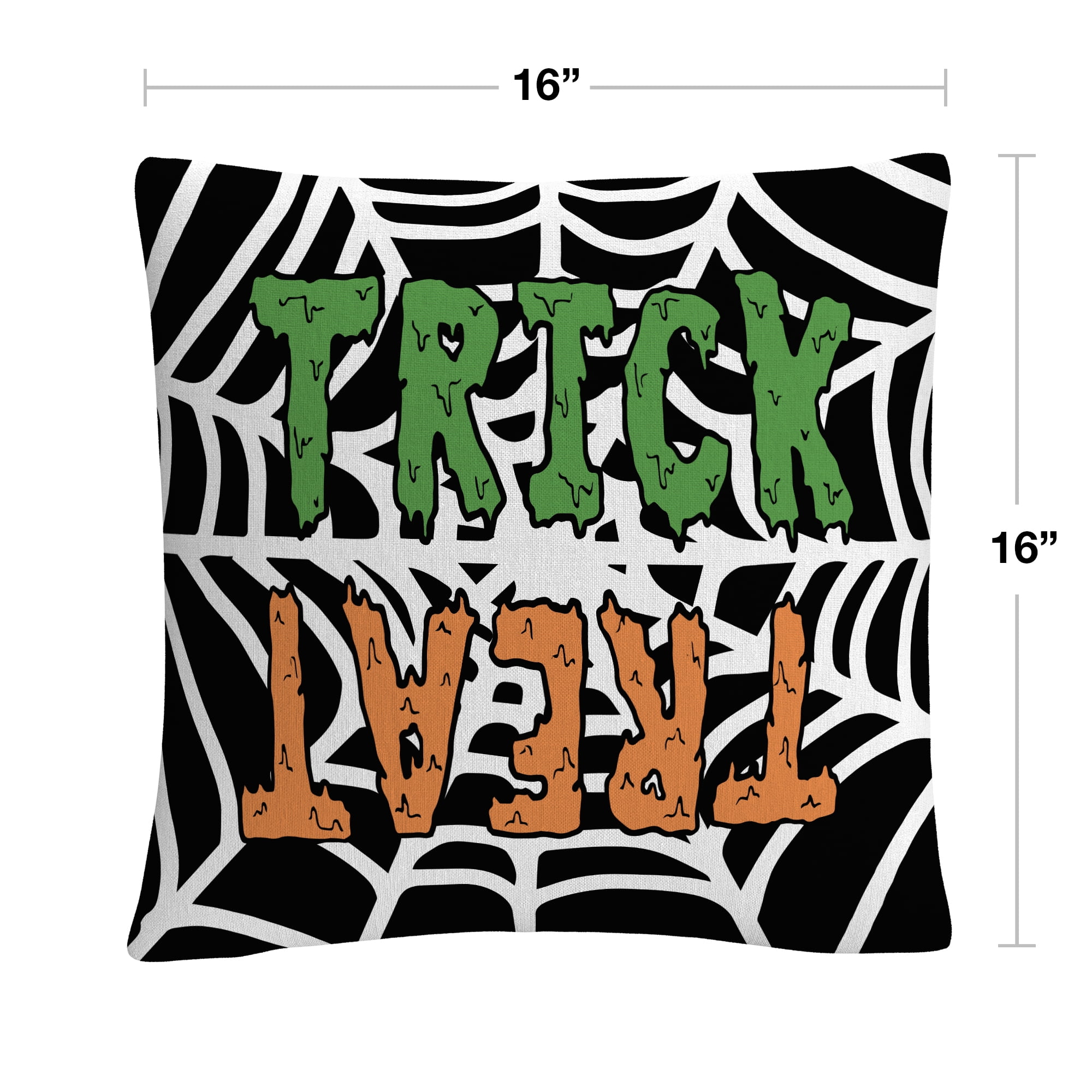 Trick Or Treat Web Green Orange Halloween By Abc 16 X 16 Decorative Throw Pillow
