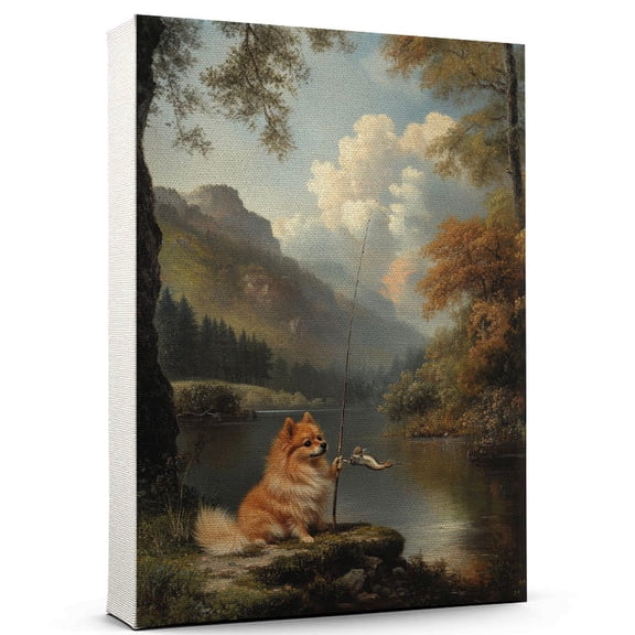 Pomeranian Cute Dog Fishing Canvas Canvas – Retro Pomeranian Dog Batter in Action With Fishing for Themed Living Room, Pet Shop Decor