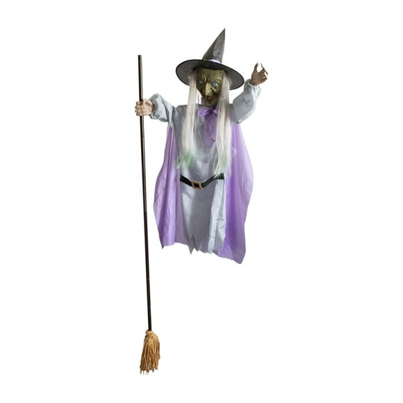 Eky Halloween Flying Witch Decoration - 5.6Ft Animated Hovering Witch on Broom Animatronics with Light-up Eyes and Sound & Touch Activated Sensor,Scary Props Home Decor for Outdoor Garden Lawn