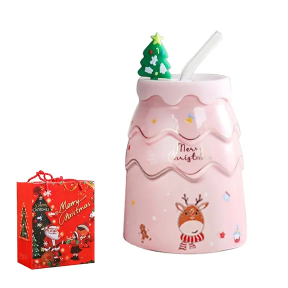 Christmas Idea Elk Snowman Ceramic Cup Originality Christmas Tree Mug Straw with Cover Business Gift Practical Cartoon Mug (Pink,450ml)
