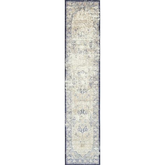 Unique Loom Turin Augustus Rug Blue/Ivory 2' 7" x 12' 2" Runner Border Bohemian Perfect For Bathroom Hallway Mud Room Laundry Room