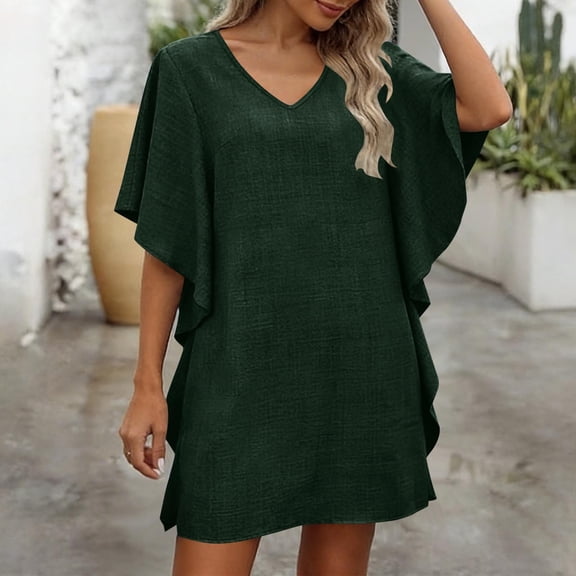 Karight Fashion Women's Solid V-Neck Short Sleeve Dresses Casual Comfortable All Occasio