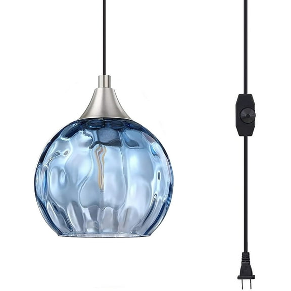 Kiven Plug in Pendant Light, Farmhouse Hanging Light Fixture with Blue Glass Globe, E26 Socket Dimmable Pendant Light for Bedroom Hallway Kitchen