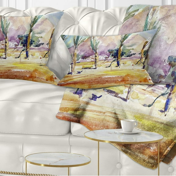 Designart Watercolor Sea and Palm - Landscape Printed Throw Pillow - 12x20