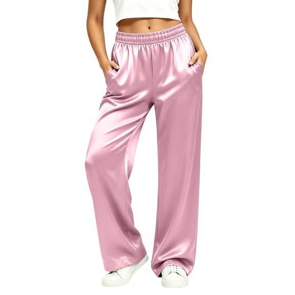 XPMWRP Women Elastic High Waist Satin Wide Leg Pants Silky Smooth Loose Straight Full Length Glossy Palazzo Pants Elegant Casual Party Daily Walking Fashion Trousers With Side Pockets Pink XXL