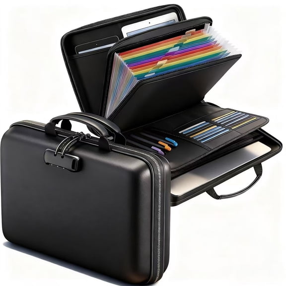 Fireproof Document Box, Fireproof File Organizer with Lock,ANUNU Hard-Shell Case Fireproof Document Box with 13 Pocket Accordion File Folder, Portable Home Office Travel Safe Storage （black）