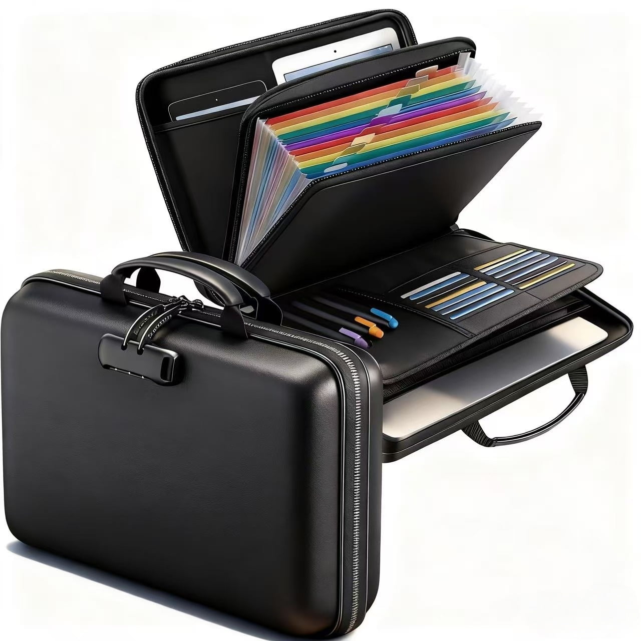Fireproof Document Box, Fireproof File Organizer with Lock,ANUNU Hard-Shell Case Fireproof Document Box with 13 Pocket Accordion File Folder, Portable Home Office Travel Safe Storage （black）