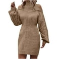 thumbnail image 2 of SMihono Sweater Dresses for Women Casual Turtleneck Cold Shoulder Long Sleeve Cable Knit Dress 2025 Fall Winter Mini Dress Khaki M, 2 of 9