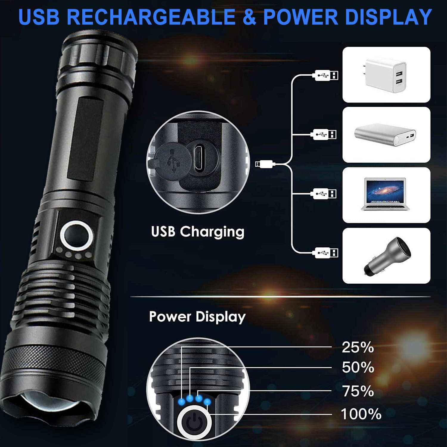 Garberiel 2-Pack XHP120 Tactical Flashlight – USB Rechargeable, Ultra Bright LED, Zoom
