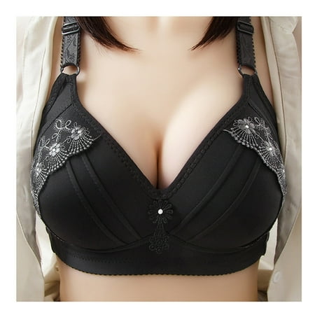 

Big Cup Embroidered Non-wired Bra Plus Size Full Coverage Underwear Breathable Thin Brassiere L-5XL Size XL Black