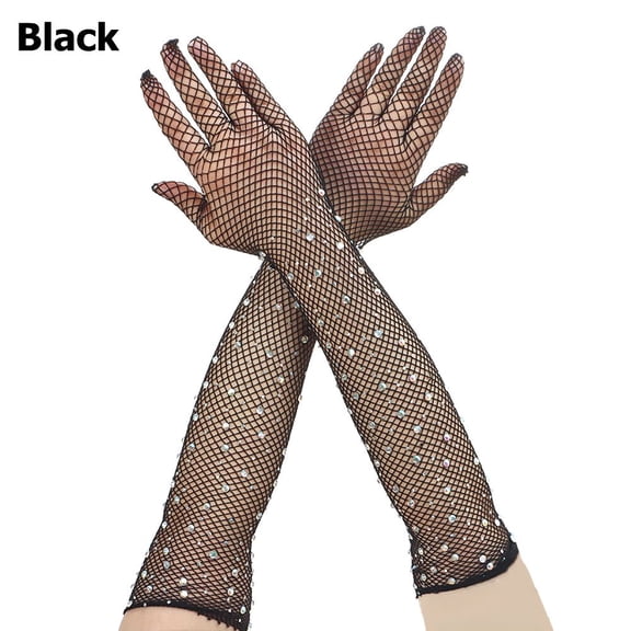 Stage Performance Flash Diamonds Bungee Colored Hollow Fishing Net Gloves Mesh Gloves Women Gloves BLACK