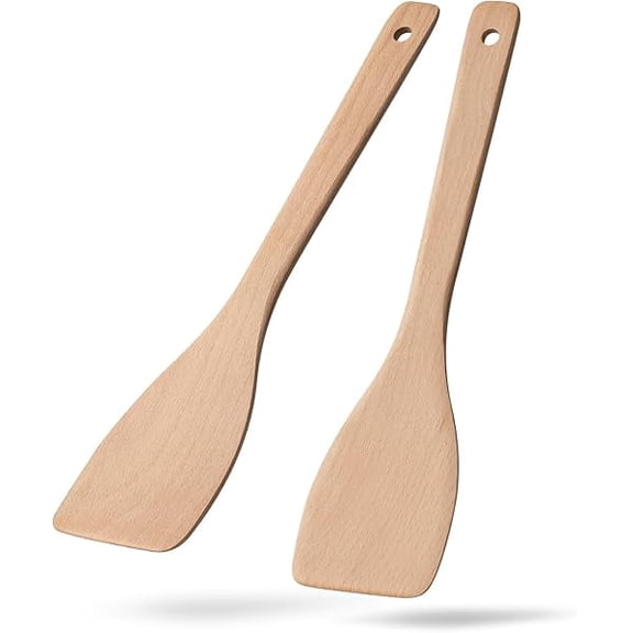 2PCS Wooden Spatulas for Cooking, 13inch Uncoated Beech Wood Turners for Frying, Non-Scratch Wood Flat Spurtle for Pan & Wok, Wooden Cooking Utensils for Non Stick Cookware, Long Handle Scraper