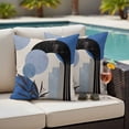 thumbnail image 4 of Boho Middle Century Outdoor Waterproof Pillow Covers, Abstract Blue Geometric Leaves Decorative Square Throw Pillowcase Sofa Cushion Sham for Patio/Couch/Chair, 26"x26" 2 Pack, 4 of 8