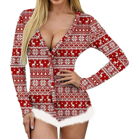 

vbnergoie Women Christmas Print Long Sleeve Nightwear Jumpsuit Bodysuit Playsuit Romper Romper with Sleeves for Women Baggy Womens Overalls
