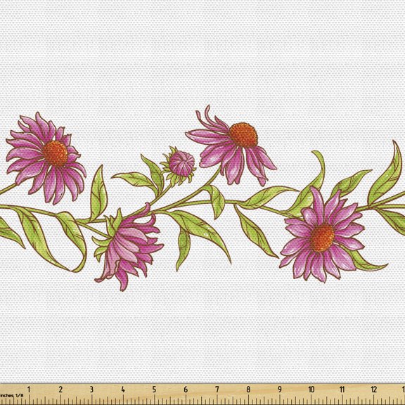 Coneflower Fabric by the Yard, Horizontally Arranged Floral Details Botanical Strips Ornamental Nature, Upholstery Fabric for Dining Chairs Home Decor Accents, 10 Yards, Pink Green White by Ambesonne
