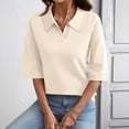 thumbnail image 4 of Women's Knit Polo Sweater, Notch V-Neck 3/4 Sleeve Lightweight Pullover Pullover for Casual Office Commute & Dating, Beige, S, 4 of 7
