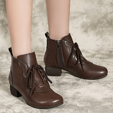 

ZMHEGW Boots For Women Soft Leather Beef Tendon Soft Bottom Flat Heel Single Round Toe Four Seasons Folk Custom Boots Shoes