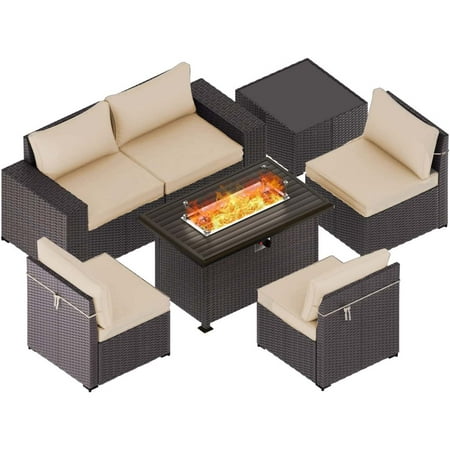 Gotland Outdoor Patio Furniture Set 7 Pieces Rattan Wicker Sectional Sofa with 43.3 Gas Fire Pit Table Sand
