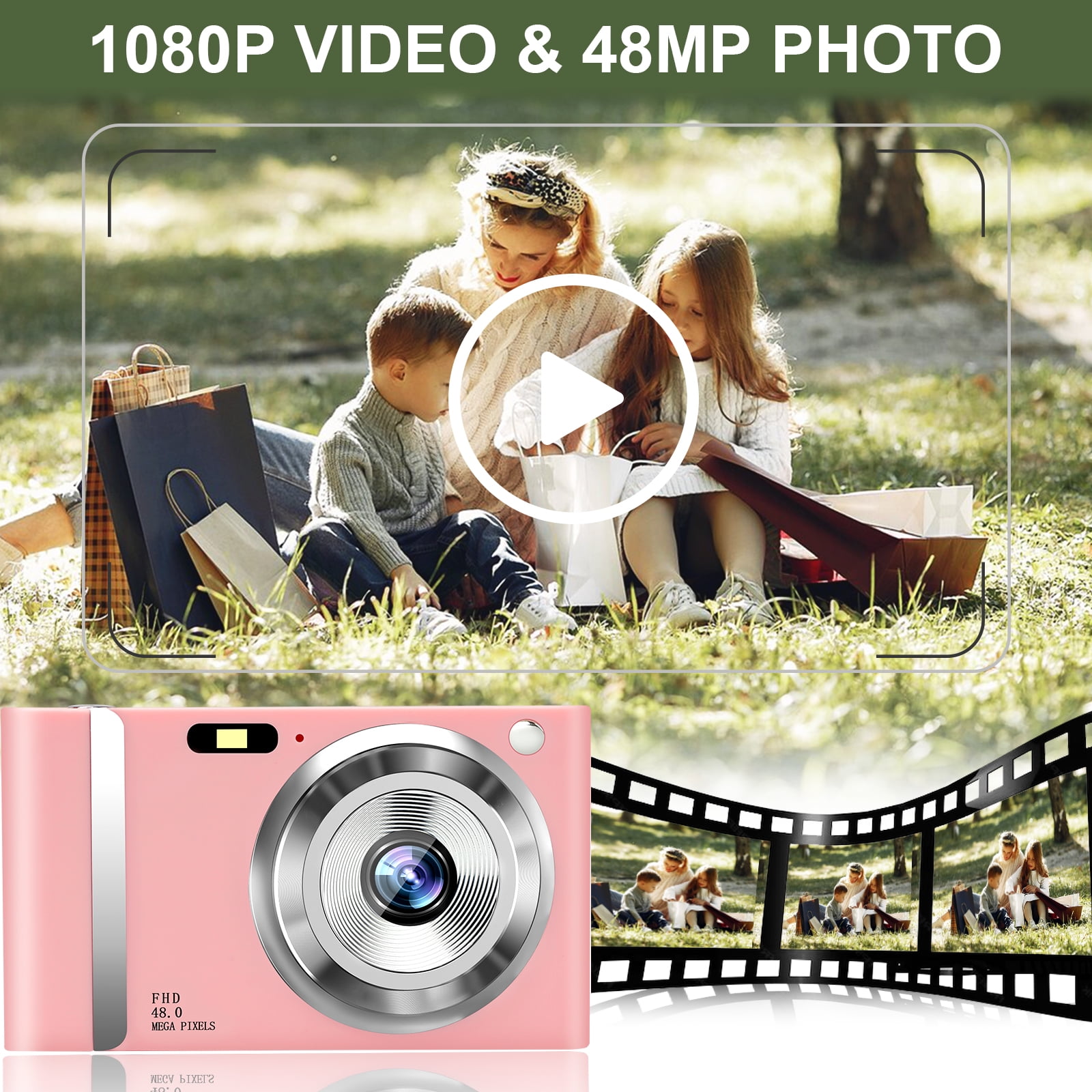 Jazeyeah 48 MP FHD 1080P Point & Shoot Digital Camera with 16x Zoom, Built-in Flash, 2.4-inch LCD, 32GB Card, Pink, 1