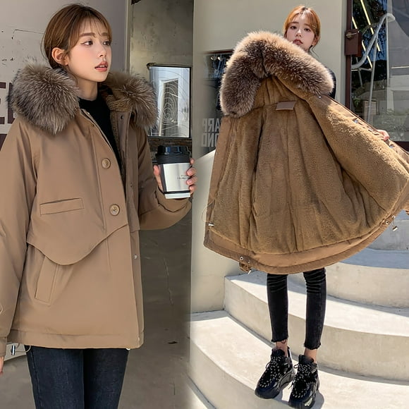 Hjcommed Manteau d'Hiver Épaissi et Chaud en Velours pour Femmes avec Chapeau Kaki TG