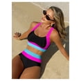 thumbnail image 4 of Bikini Set for Women Black Color Block, Halter Top High Waist Swimsuit, Pink Blue Contrast Trim, Adjustable Tie Back Two Piece Bathing Suit - S, 4 of 6