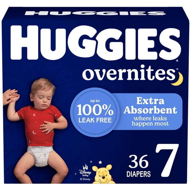 Pañales Huggies Overnites, talla 7, para toda la noche, más de 41 libras y 36 unidades