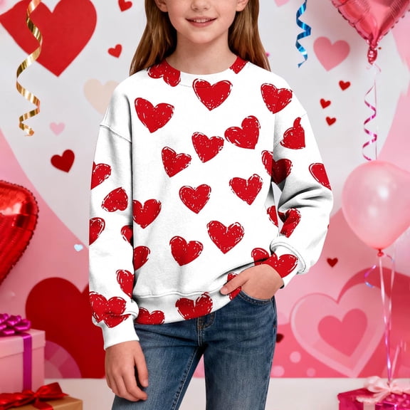 Girls' White Heart Print Crewneck Sweatshirt, 95% Polyester 5% Spandex Stretchy Pullover for 1-15 Years, Valentine’s Day/Everyday Casual Wear,Size 7-8 T