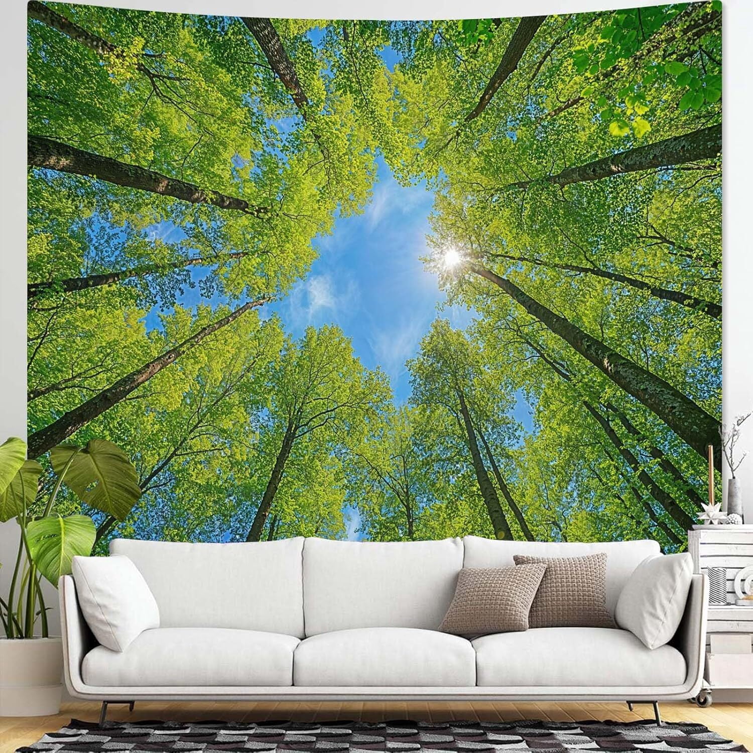 Nature Forest Tree Celling Tapestry Lush Green Treetops Sunlit Tapestry for Bedroom Aesthetic Sky Sunlight Canopy Leaves Landscape Tapestries Wall Hanging for Living Room Dorm Office 90 x 60 Inch